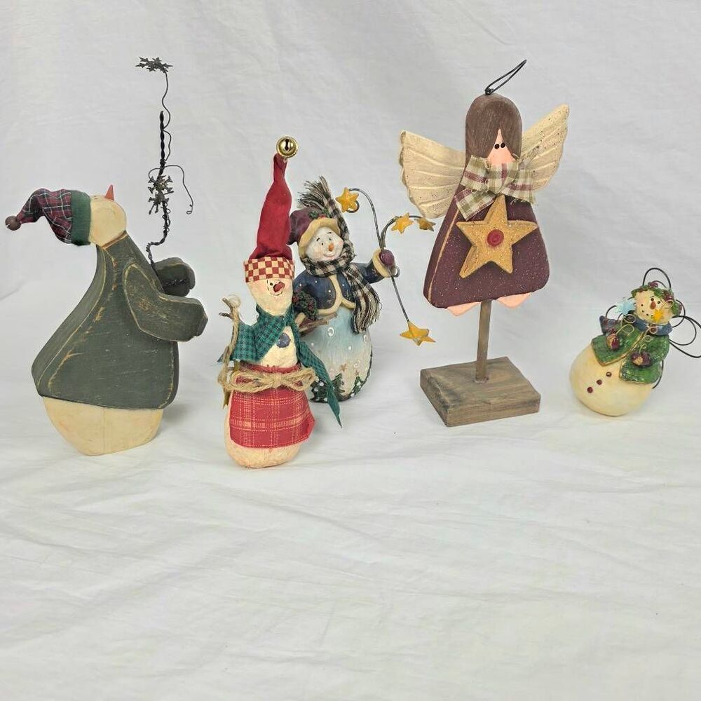 Primitive Christmas Snowman & Angel Figurines Lot